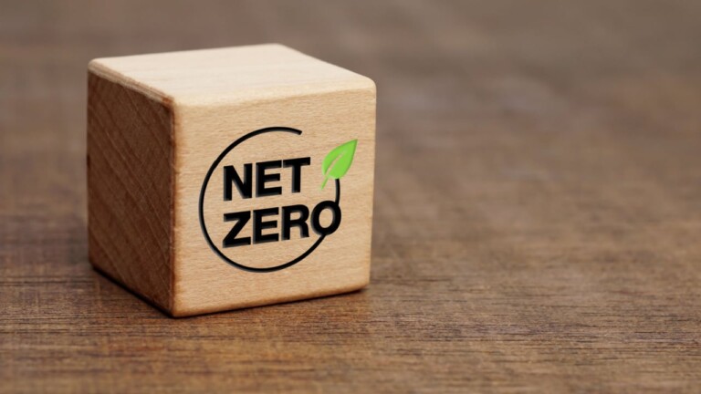Bloco de madeira com a inscrição "net zero" em cima de mesa de madeira.